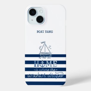 Coque Pour iPhone 15 Nom du bateau nautique, Ancre Marine Bleu rayé