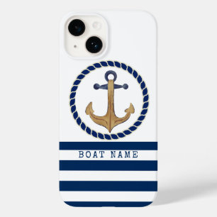 Coque Pour iPhone 14 Nom du bateau nautique, Ancre rétro bleu marine