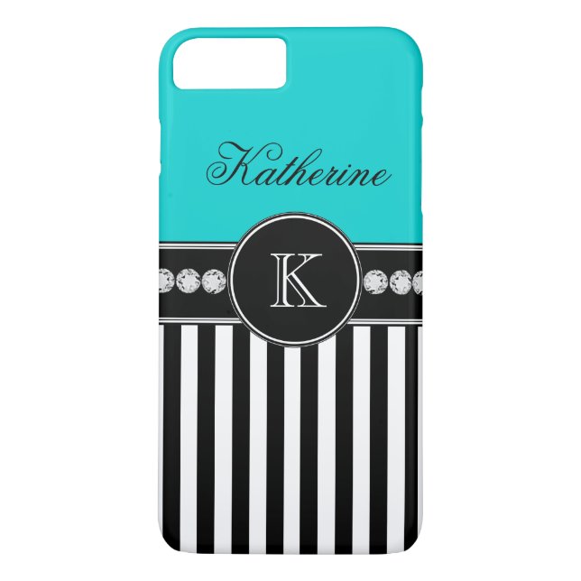 Coques Case-Mate iPhone Nom du monogramme Aqua Black Stried Motif (Dos)