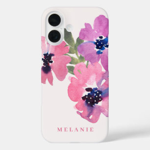 Coque Pour iPhone 16 Nom du monogramme Aquarelle moderne Pink Floral
