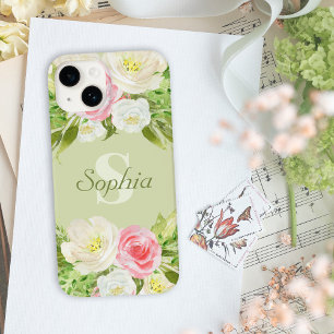 Coque Pour iPhone 14 Nom du monogramme Aquarelle rose verte Florale