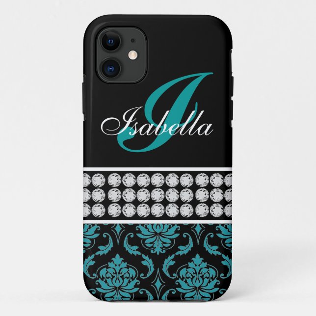 Coques Case-Mate iPhone Nom du monogramme Black Turquoise Damask iPhone 5  (Dos)