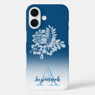 Coque Pour iPhone 16 Nom du monogramme Blue Ombre Tropical Hibiscus Fle