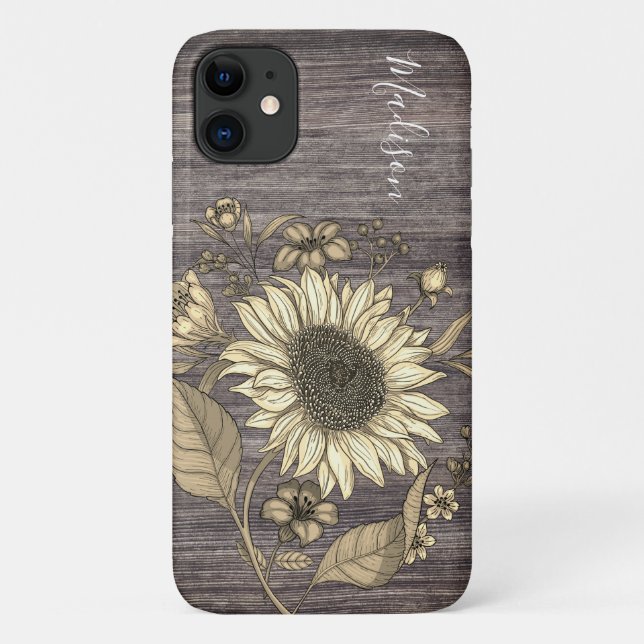 Coques Case-Mate iPhone Nom du monogramme de tournesol floral rustique (Dos)