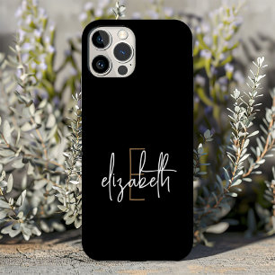 Coque iPhone 15 Pro Nom du monogramme d'or noir moderne