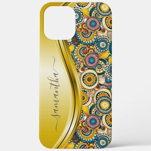 Coques Case-Mate iPhone Nom du monogramme Motif Abstrait rétro-jaune (Verso)