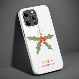 Coque Pour iPhone 14 Pro Nom du monogramme Noël Holly Winter Floral