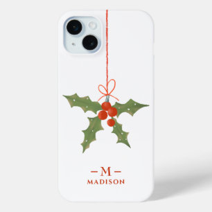 Coque iPhone 15 Mini Nom du monogramme Noël Holly Winter Floral