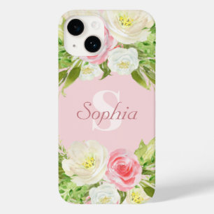 Coque Pour iPhone 14 Nom du monogramme personnalisé Aquarelle rose Flor