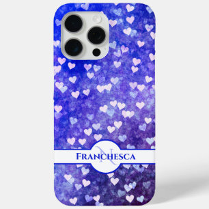 Coque iPhone 15 Pro Max Nom du monogramme personnalisé Blue Heart Bokeh Ar