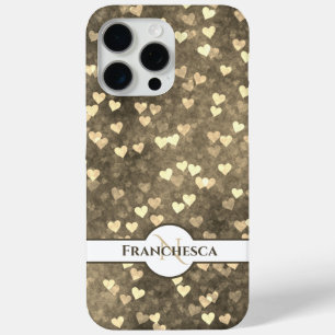 Coque iPhone 15 Pro Max Nom du monogramme personnalisé Brown Heart Bokeh A