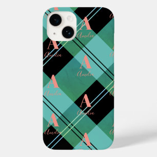 Coque Pour iPhone 14 Nom du monogramme Plaid Green