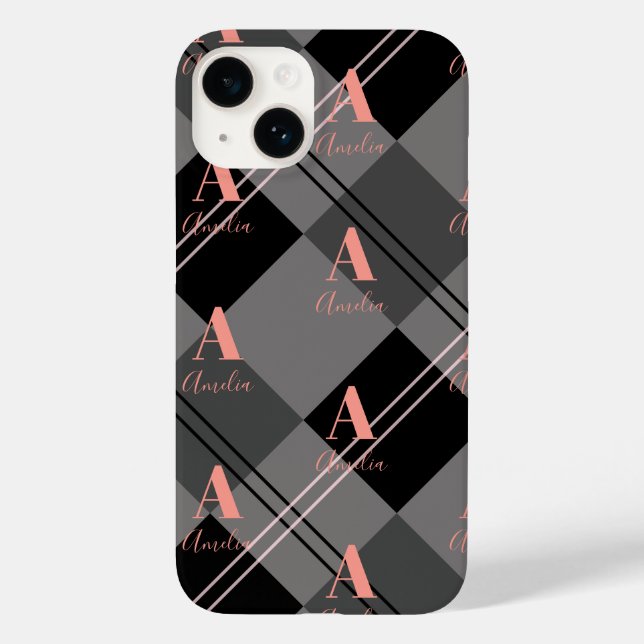 Coques Case-Mate iPhone Nom du monogramme Plaid Grey noir rose (Verso)