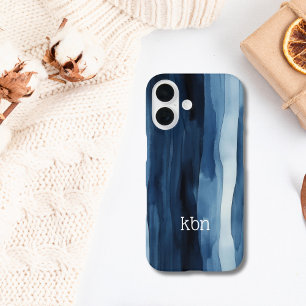 Coque Pour iPhone 16 Nom du monogramme Première bande d'aquarelle bleu 