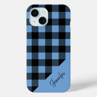 Coque Pour iPhone 15 Nom du Motif moderne de chèque en plastique bleu