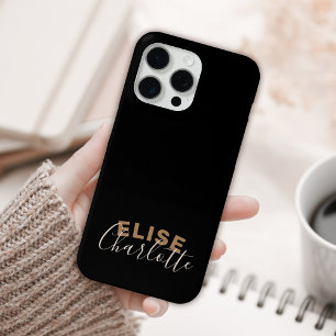 Coque iPhone 15 Pro Max Nom du script féminin en or noir moderne personnal