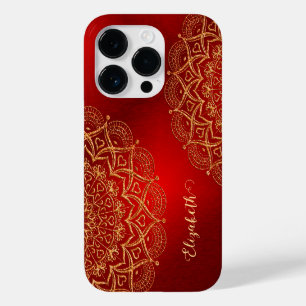 Coque Pour iPhone 14 Pro Nom élégant Monogramme Rouge et or Mandala