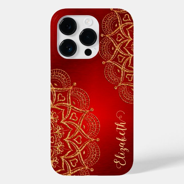 Coques Case-Mate iPhone Nom élégant Monogramme Rouge et or Mandala (Verso)