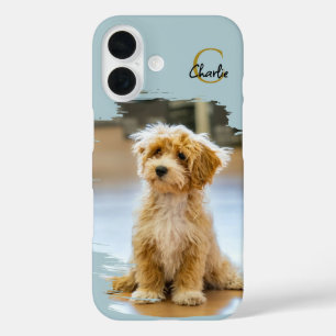 Coque Pour iPhone 16 Nom en monogramme Photo de chien Pastel Bleu Minim