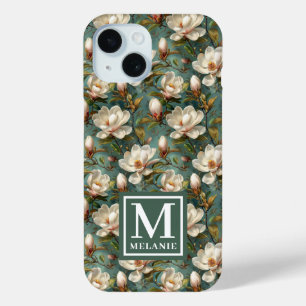 Coque Pour iPhone 15 Nom et monogramme du modèle de fleur de Magnolia