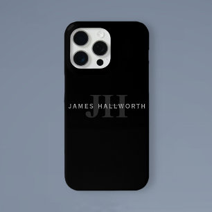 Coque iPhone 15 Pro Max Nom et monogramme modernes   Gris et noir