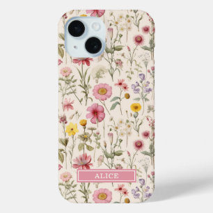 Coque Pour iPhone 15 Nom floral aquarelle botanique rose