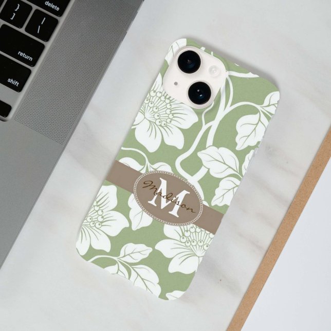Coques Case-Mate iPhone Nom floral vert et marron et initiale (Créateur téléchargé)