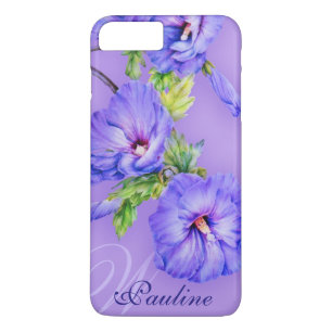 Coque iPhone 7 Plus Nom & initiale cas iphone bleu violet hibiscus