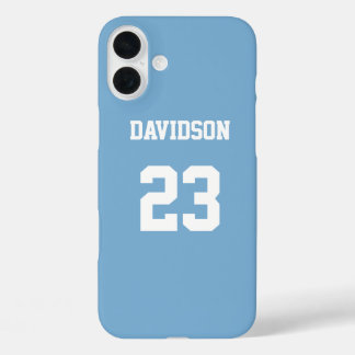 Coques iPhone 16 Plus Nom Jersey Numéro bleu clair blanc personnalisé