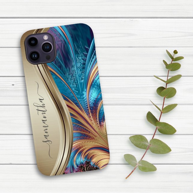 Coques Case-Mate iPhone Nom manuscrit Fractal Blue Gold (Créateur téléchargé)