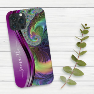 Coque Pour iPhone 14 Nom manuscrit Fractal Purple
