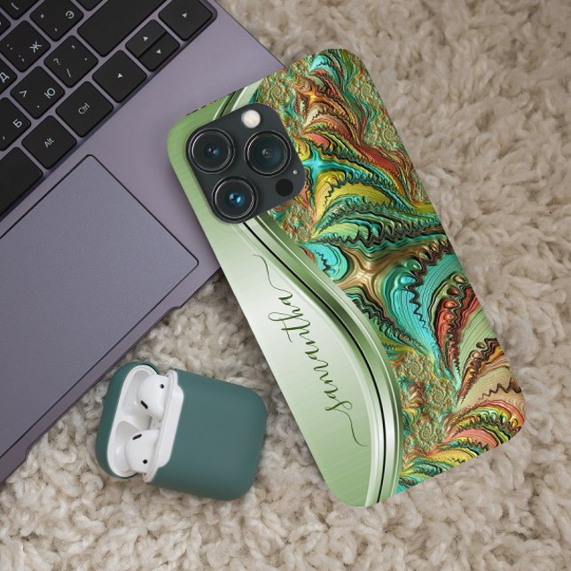 Coques Case-Mate iPhone Nom manuscrit Fractal Vert moderne (Créateur téléchargé)