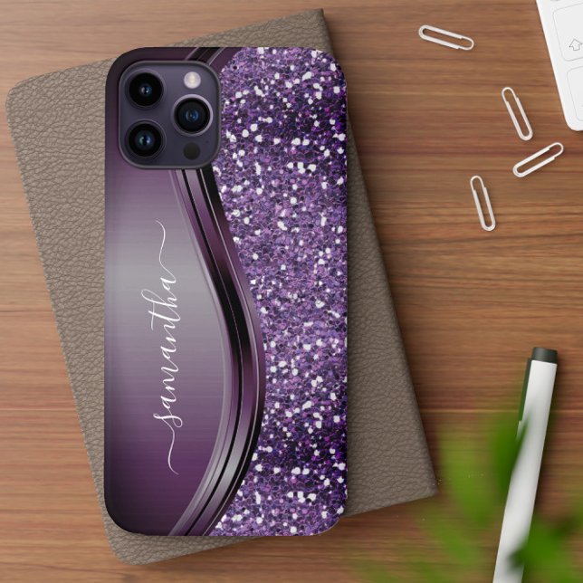 Coques Case-Mate iPhone Nom manuscrit Glam Purple Parties scintillant méta (Créateur téléchargé)