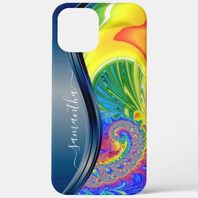 Coques Case-Mate iPhone Nom manuscrit moderne Fractal Rainbow Blue (Verso)