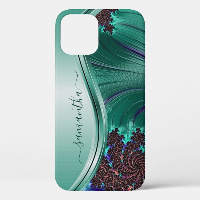 Coques Case-Mate iPhone Nom manuscrit sarcelle fractal moderne (Verso)