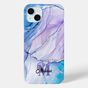 Coque iPhone 15 Mini Nom marbré bleu et violet moderne