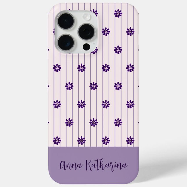 Coques Case-Mate iPhone Nom Moderne Bleu & Bandes Violet Motif Floral (Verso)