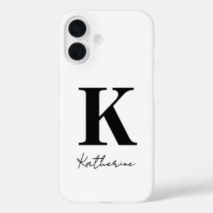 Coque Pour iPhone 16 Nom Moderne Initiale Blanc Personnaliser Noir