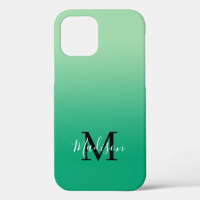 Coques Case-Mate iPhone Nom moderne Monogramme Lumière au dégradé vert fon (Verso)