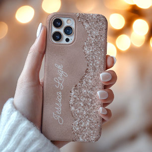 Coques iPhone 16 Pro Max Nom Monogramme avec Bordure Pailletée Rose Gold