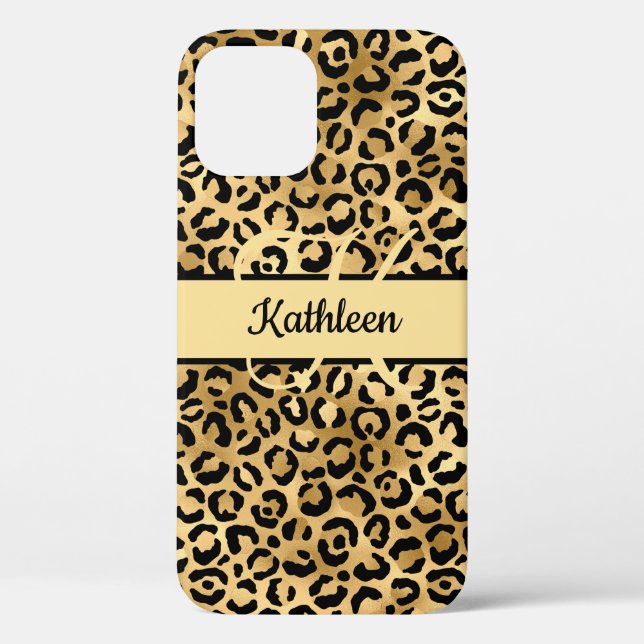 Coques Case-Mate iPhone Nom Monogramme Imprimé Léopard Noir Or Guépard  (Verso)