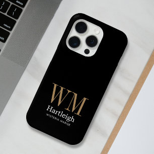 Coque iPhone 15 Pro Nom Monogramme Moderne Noir Or Blanc
