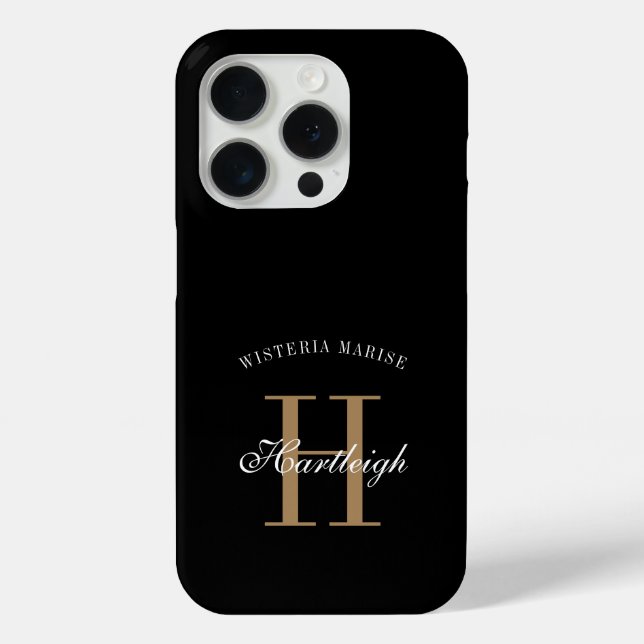 Coques Case-Mate iPhone Nom Monogramme Moderne Noir Or Blanc (Verso)