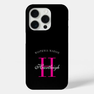 Coque iPhone 15 Pro Nom Monogramme Moderne Noir Rose Blanc