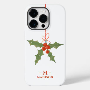 Coque Pour iPhone 14 Pro Nom Monogramme Noël Holly Floral Hiver