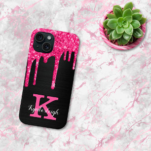 Coque Pour iPhone 15 Nom Monogramme Paillettes Rose Chaud Noir Féminin