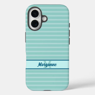 Coque Pour iPhone 16 Nom monogramme personnalisé motif à bandes turquoi