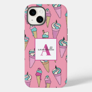 Coque Pour iPhone 14 Nom monogramme Pink Ice Cream Cone motif