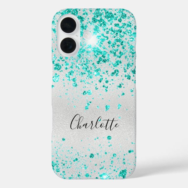 Coques Case-Mate iPhone Nom monogramme vert de parties scintillant turquoi (Verso)