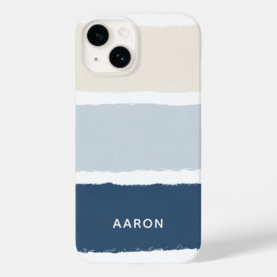 Coque Pour iPhone 14 Nom ou monogrammes à rayures de pinceau en bleu éc